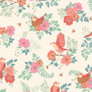 Extra Large floral birds and bees with big blooms in greens, blues and pinks on cream