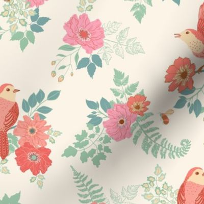 Large floral birds and bees with big blooms in greens, blues and pinks on cream