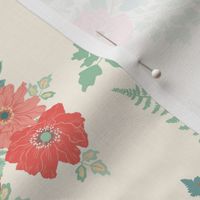 Large floral birds and bees with big blooms in greens, blues and pinks on cream