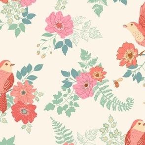 Large floral birds and bees with big blooms in greens, blues and pinks on cream
