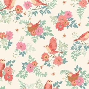 Medium floral birds and bees with big blooms in greens, blues and pinks on cream