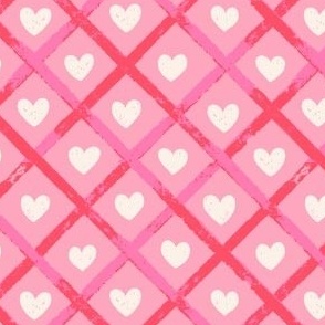 Diagonal checks textured stripes love hearts pink, red and cream - LARGE SCALE