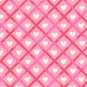 Diagonal checks textured stripes love hearts pink, red and cream - MEDIUM SCALE