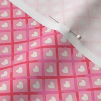 Diagonal checks textured stripes love hearts pink, red and cream - SMALL SCALE