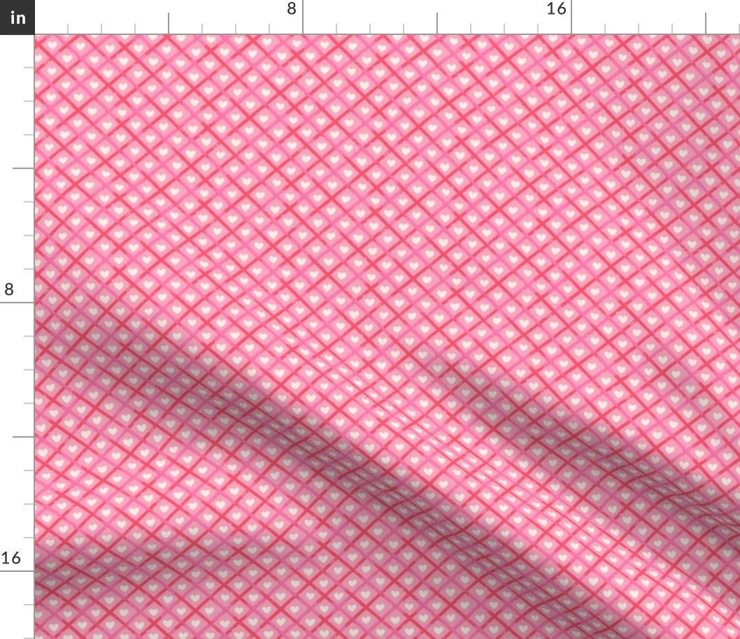Diagonal checks textured stripes love hearts pink, red and cream - SMALL SCALE