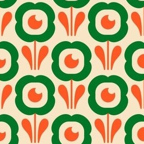 2042 small - retro daisies, green / orange