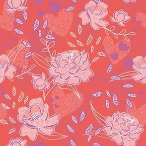 small// Peonies in Bloom graphic leaves Bright Coral 