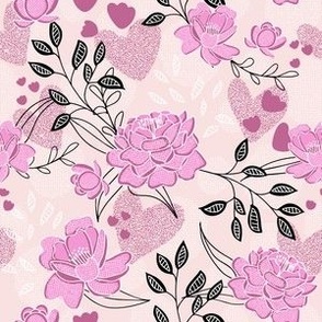 small// Peonies in Bloom graphic leaves Pink and black