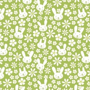 Cute kawaii spring blossom floral bunnies cutesie kids design with daisies and bunny vintage nineties white on lime green