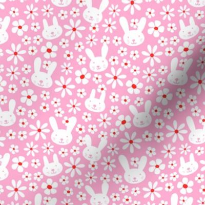 Cute kawaii spring blossom floral bunnies cutesie kids design with daisies and bunny vintage nineties white on pink red