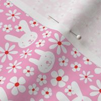 Cute kawaii spring blossom floral bunnies cutesie kids design with daisies and bunny vintage nineties white on pink red