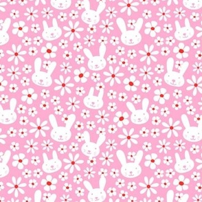 Cute kawaii spring blossom floral bunnies cutesie kids design with daisies and bunny vintage nineties white on pink red