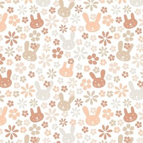 Cute kawaii spring blossom floral bunnies cutesie kids design with daisies and bunny vintage seventies beige blush tan on white