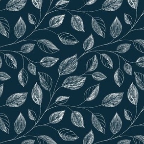 Branches with leaves drawn in chalk  on dark blue 