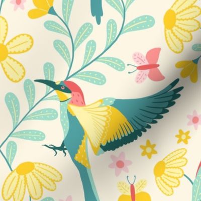 (l) „Bee-Eater“ Bird with leaves and flowers in yellow teal coral and pink 