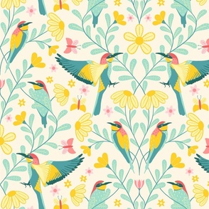 (l) „Bee-Eater“ Bird with leaves and flowers in yellow teal coral and pink 