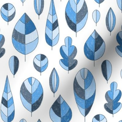 Blue geometric mid-century modern leaves drawn in pencil on white