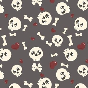 skulls and hearts on grey