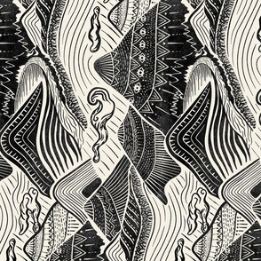 Mystical Mountain Adventure - block print style landscape in black and cream - large (16 inch wide) ROTATED