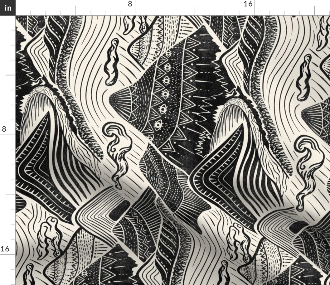 Mystical Mountain Adventure - block print style landscape in black and cream - large (16 inch wide) ROTATED
