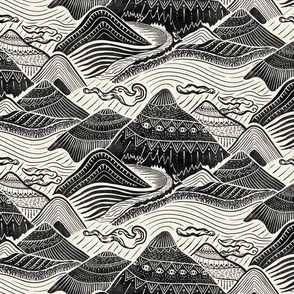 Mystical Mountain Adventure - block print style landscape in black and cream - medium (12 inch wide)