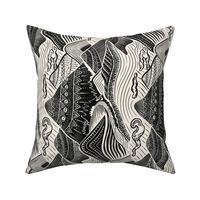 Mystical Mountain Adventure - block print style landscape in black and cream - medium (12 inch wide) ROTATED