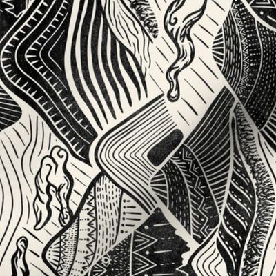 Mystical Mountain Adventure - block print style landscape in black and cream - medium (12 inch wide) ROTATED