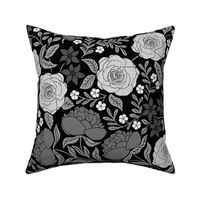 Beautiful Peonies and Rose Garden Grayscale on Black Large