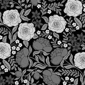 Beautiful Peonies and Rose Garden Grayscale on Black Large