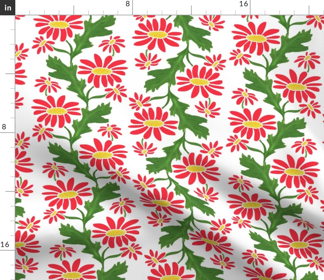 Vertical Daisy Stripe Red on White