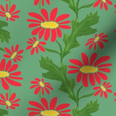 Vertical Daisy Stripe Christmas Red on Green