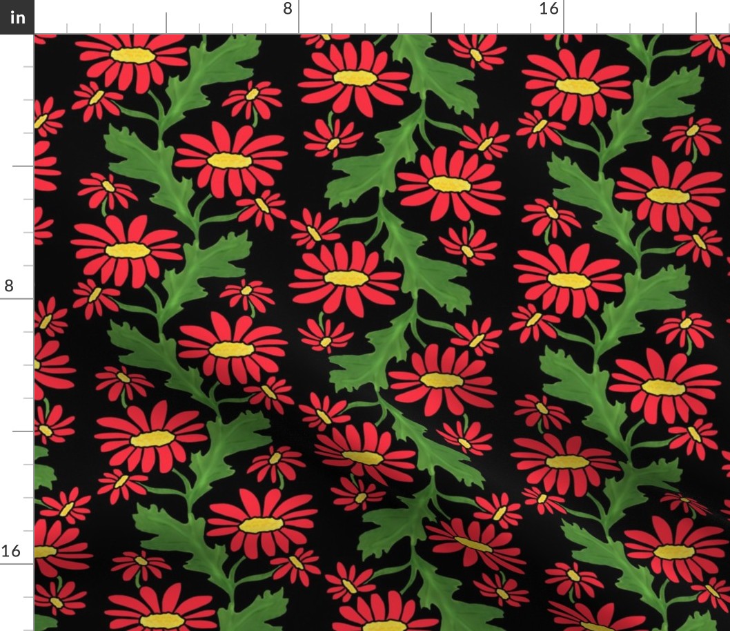 Vertical Daisy Stripe Red on Black