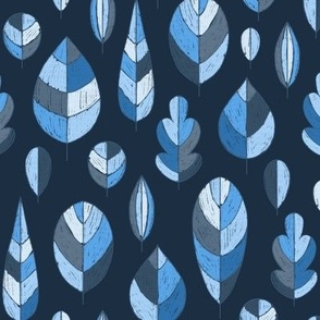 Blue geometric mid-century modern leaves drawn in pencil on dark background