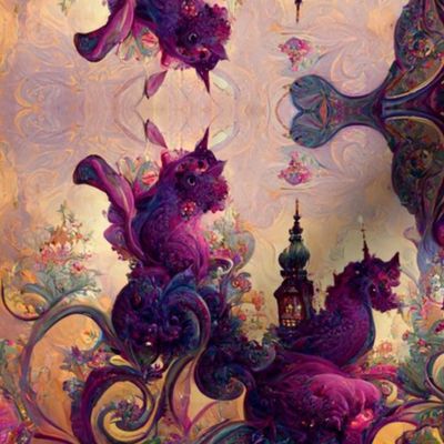 Purple, Violet Fantasy Unicorn, Owl, Creature on Yellow, Orange, Amber floral, fruit motif