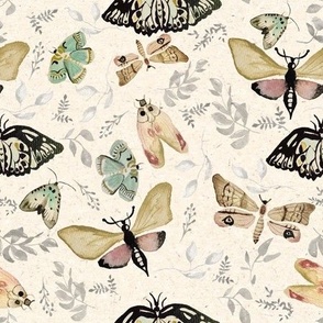 Vintage Mint and Beige Moths / Watercolor / Medium