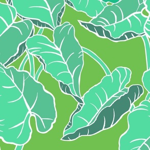 textile-large jungle leaves- blue green on yellow green