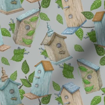 Birdhouses And Leaves On Gray