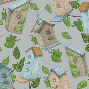 Birdhouses And Leaves On Gray