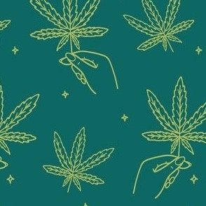 hands holding cannabis - teal + green