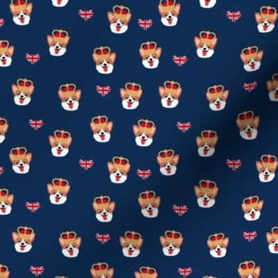 British royal family of corgis queen best friends UK jubilee crowns and flags navy blue  SMALL