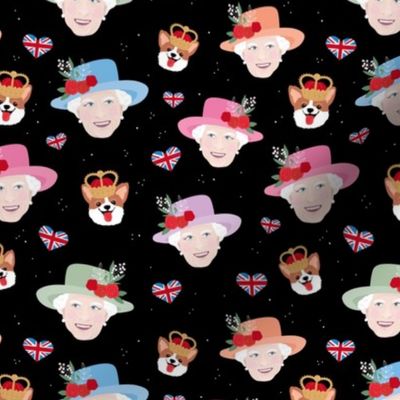 In loving memory of the queen - queen Elizabeth with colourful hats and corgi with crown uk flag pink lilac blue on black