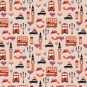 Queen birthday celebration with UK flag corgi dogs and double decker bus black cab and bog ben english icons vintage red on soft beige tan SMALL