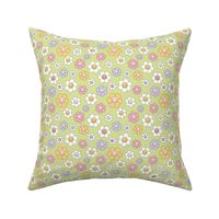 Smiley daisies sweet vintage style cute happy day floral print for summer boho vibes butter yellow pink lilac on lime green
