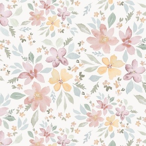 Barely there soft elegant watercolour floral in pink yellow and green on cream - large scale