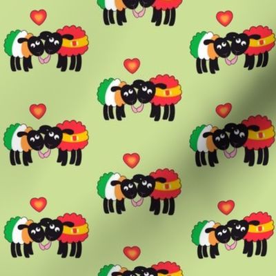Wonky Irish and Spanish sheep in love on green