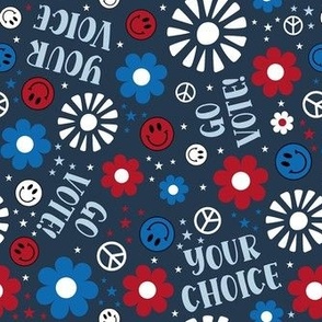 Medium Scale Your Voice Your Choice Go Vote! Patriotic Red White and Blue Smile Face Floral on Navy