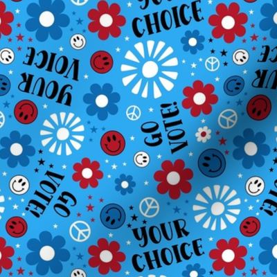 Medium Scale Your Voice Your Choice Go Vote! Patriotic Red White and Blue Smile Face Floral on Bright Blue