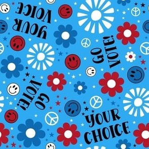 Medium Scale Your Voice Your Choice Go Vote! Patriotic Red White and Blue Smile Face Floral on Bright Blue