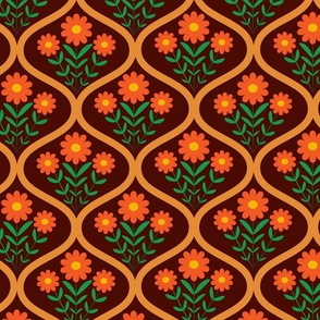 Retro orange flowers with leaves on mid century ogee pattern 