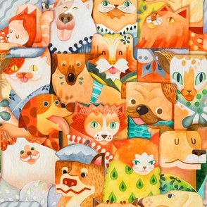 dogs with scarfs and cats in hats - large scale - pets, funny, colorful, geometrical, watercolor
